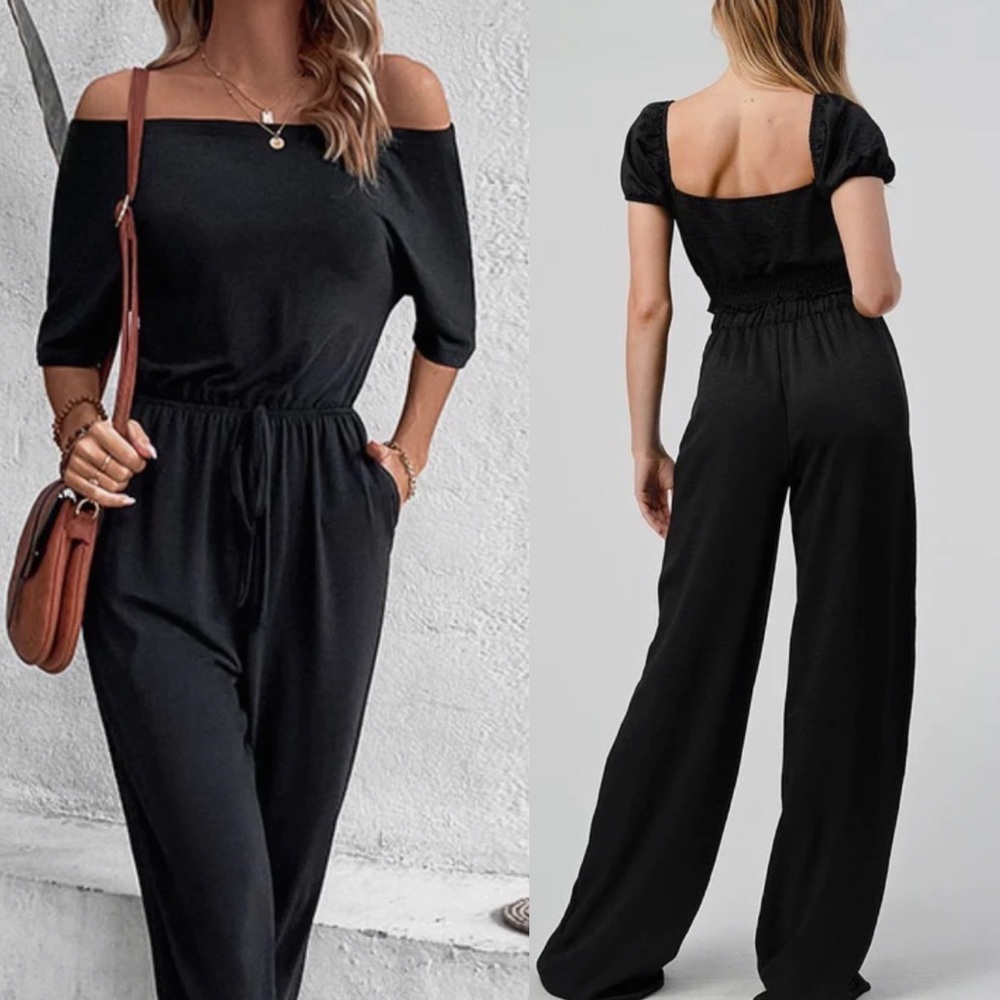 LOFT Beach Crepe Cotton Black Off Shoulder jumpsuit Pockets Romper M